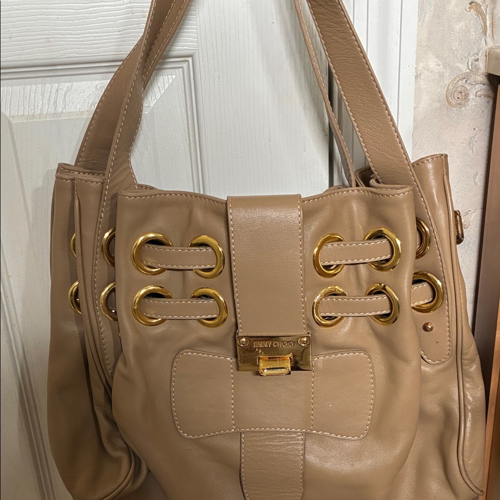 Jimmy Choo Cream Leather Shoulder Bag with Gold Accents - Picture 2 of 9